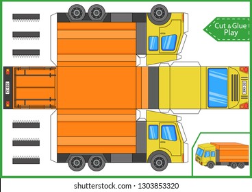 Cut and glue the paper a truck lorry. Worksheet with funny education riddle. Children art game. Kids crafts activity page. Create toys car yourself. Birthday decor. Vector illustration.