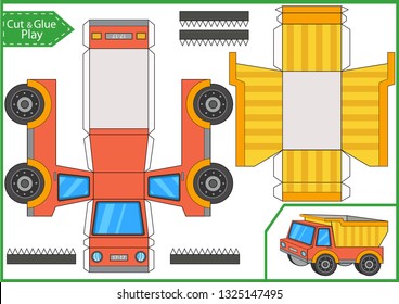 Corte y pegue un camión de papel. Hoja de trabajo con un divertido acertijo educativo. Juego de arte infantil. Página de actividades de artesanía infantil. Crear coche de papel. Pintor de juego 3d. Ilustración vectorial.