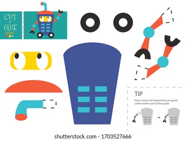 Cut and glue paper vector toy. Funny robotic character as a cardboard cutout model. Educational puzzle worksheet