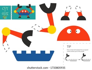 Cut and glue paper vector toy. Funny robot character as a cardboard cutout model. Educational puzzle worksheet