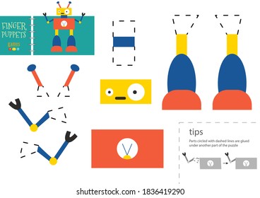 Juguete vector de papel de corte y pegado. Gracioso personaje robot como modelo de corte de cartón. Hoja de cálculo del rompecabezas educativo