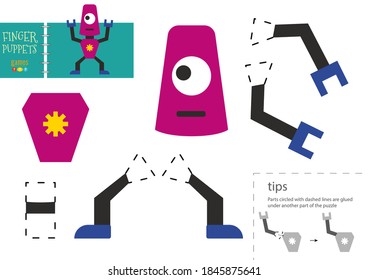 Juguete vector de papel de corte y pegado. Carácter robot lindo como modelo de corte de cartón. Hoja de cálculo del rompecabezas educativo