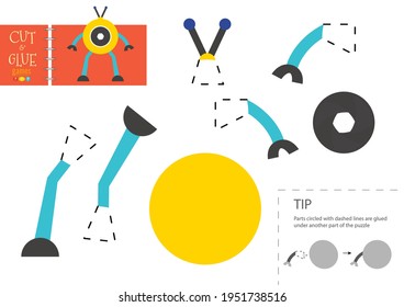 Juguete vector de papel de corte y pegado. Gracioso carácter robótico como modelo de corte de cartón. Hoja de cálculo del rompecabezas educativo