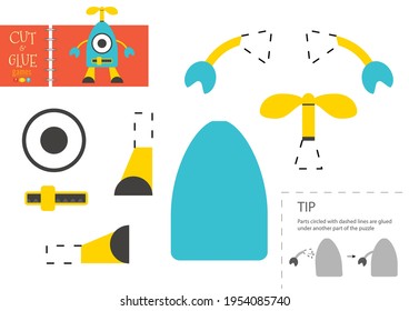 Cut and glue paper vector toy. Funny robotic character as a cardboard cutout model. Educational puzzle worksheet