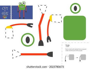 Cut and glue paper vector toy. Funny robotic character as a cardboard cutout model. Educational puzzle worksheet