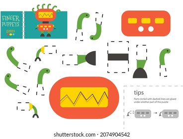 Cut and glue paper vector toy. Funny robotic character as a cardboard cutout model. Educational puzzle worksheet