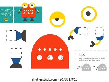 Cut and glue paper vector toy. Funny robotic character as a cardboard cutout model. Educational puzzle worksheet