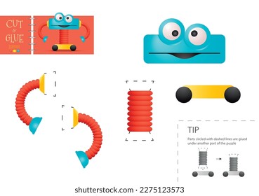 Cut and glue paper vector toy. Funny robotic character as a cardboard cutout model. Educational puzzle worksheet