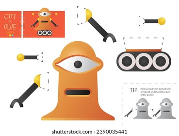 Cut and glue paper vector toy. Funny robotic character as a cardboard cutout model. Educational puzzle worksheet