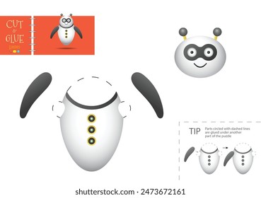 Corte y pegue el juguete de Vector de papel. Personaje robótico divertido como un modelo de cartón recortado. Hoja de cálculo del rompecabezas educativo