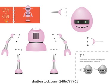 Corte y pegue el juguete de Vector de papel. Personaje robótico divertido como un modelo de cartón recortado. Hoja de cálculo del rompecabezas educativo