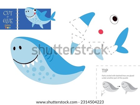 Cut and glue paper vector toy. Funny shark character as a cardboard cutout model. Educational puzzle worksheet