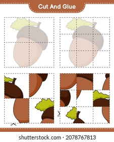 Cut and glue, cut parts of Acorn and glue them. Educational children game, printable worksheet, vector illustration