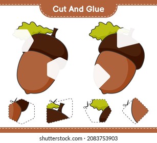 Cut and glue, cut parts of Acorn and glue them. Educational children game, printable worksheet, vector illustration