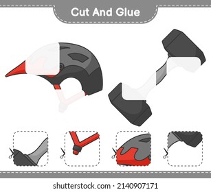 Cut and glue, cut parts of Bicycle Helmet, Dumbbell and glue them. Educational children game, printable worksheet, vector illustration