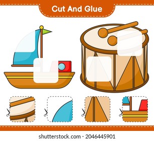 Cut and glue, cut parts of Boat and Drum. And glue them. Educational children game, printable worksheet, vector illustration