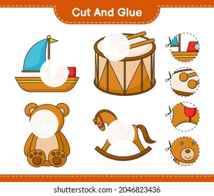 Cut and glue, cut parts of Boat, Drum, Teddy Bear, Rocking Horse and glue them. Educational children game, printable worksheet, vector illustration