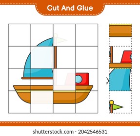 Cut and glue, cut parts of Boat and glue them. Educational children game, printable worksheet, vector illustration