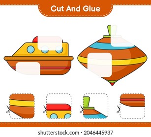 Cut and glue, cut parts of Boat and Whirligig Toy. And glue them. Educational children game, printable worksheet, vector illustration