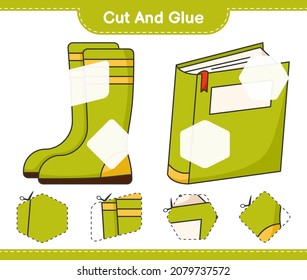 Cut and glue, cut parts of Book and Rubber Boots. Educational children game, printable worksheet, vector illustration