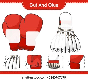 Cut and glue, cut parts of Boxing Gloves, Shuttlecock and glue them. Educational children game, printable worksheet, vector illustration