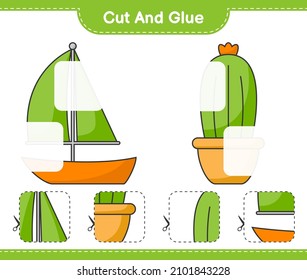 Cut and glue, cut parts of Cactus, Sailboat and glue them. Educational children game, printable worksheet, vector illustration