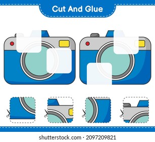 Cut and glue, cut parts of Camera and glue them. Educational children game, printable worksheet, vector illustration