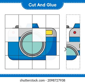 Cut and glue, cut parts of Camera and glue them. Educational children game, printable worksheet, vector illustration