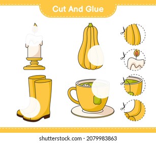 Cut and glue, cut parts of Candle, Rubber Boots, Tea Cup, Butternut Squash and glue them. Educational children game, printable worksheet, vector illustration