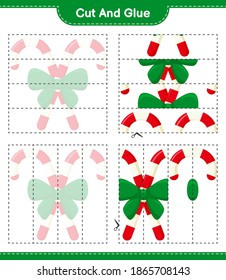 Cut and glue, cut parts of Candy Canes with Ribbon and glue them. Educational children game, printable worksheet, vector illustration