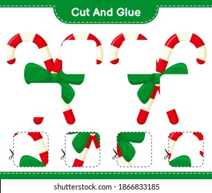 Cut and glue, cut parts of Candy Canes with Ribbon and glue them. Educational children game, printable worksheet, vector illustration