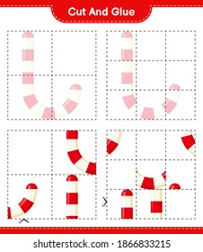Cut and glue, cut parts of Candy Canes and glue them. Educational children game, printable worksheet, vector illustration