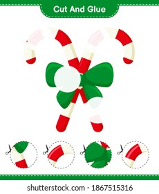 Cut and glue, cut parts of Candy Canes with Ribbon and glue them. Educational children game, printable worksheet, vector illustrations