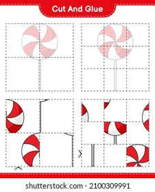 Cut and glue, cut parts of Candy and glue them. Educational children game, printable worksheet, vector illustration