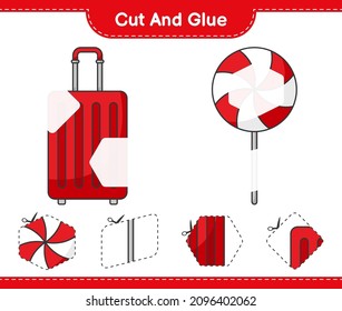 Cut and glue, cut parts of Candy, Travel Bag and glue them. Educational children game, printable worksheet, vector illustration