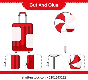 Cut and glue, cut parts of Candy, Travel Bag and glue them. Educational children game, printable worksheet, vector illustration