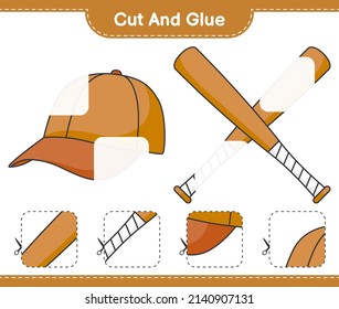 Cortar y pegar, cortar partes de sombrero de gorro, bate de béisbol y pegarlas. Juego infantil educativo, hoja de cálculo imprimible, ilustración vectorial