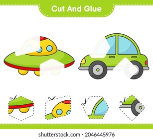 Cut and glue, cut parts of Car and Ufo. And glue them. Educational children game, printable worksheet, vector illustration