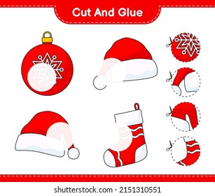 Cut and glue, cut parts of Christmas Ball, Santa Hat, Christmas Sock and glue them. Educational children game, printable worksheet, vector illustration