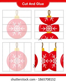 Cut and glue, cut parts of Christmas Balls and glue them. Educational children game, printable worksheet, vector illustration