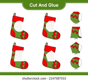 Cut and glue, cut parts of Christmas Sock and glue them. Educational children game, printable worksheet, vector illustration