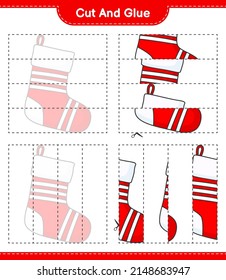 Cut and glue, cut parts of Christmas Sock and glue them. Educational children game, printable worksheet, vector illustration