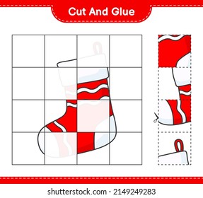 Cut and glue, cut parts of Christmas Sock and glue them. Educational children game, printable worksheet, vector illustration