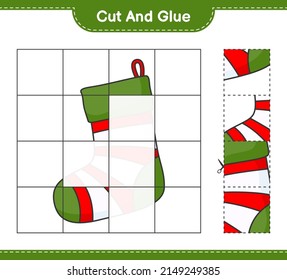 Cut and glue, cut parts of Christmas Sock and glue them. Educational children game, printable worksheet, vector illustration