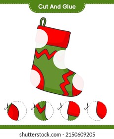 Cut and glue, cut parts of Christmas Sock and glue them. Educational children game, printable worksheet, vector illustration