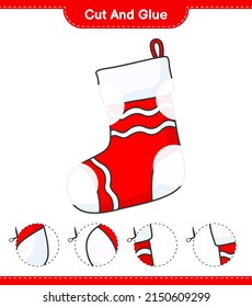 Cut and glue, cut parts of Christmas Sock and glue them. Educational children game, printable worksheet, vector illustration