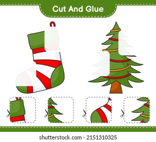 Cut and glue, cut parts of Christmas Sock, Christmas Tree and glue them. Educational children game, printable worksheet, vector illustration