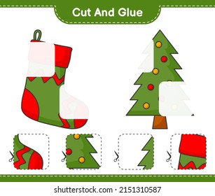 Cut and glue, cut parts of Christmas Sock, Christmas Tree and glue them. Educational children game, printable worksheet, vector illustration