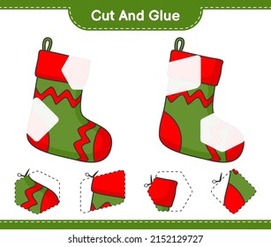 Cut and glue, cut parts of Christmas Sock and glue them. Educational children game, printable worksheet, vector illustration