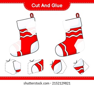 Cut and glue, cut parts of Christmas Sock and glue them. Educational children game, printable worksheet, vector illustration